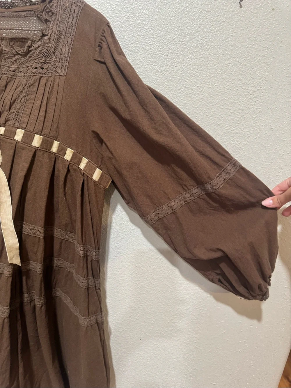 Free People Boho Peasant Tunic Dress with Contrast Ribbon Tie - Brown & Cream - Picture 4 of 7
